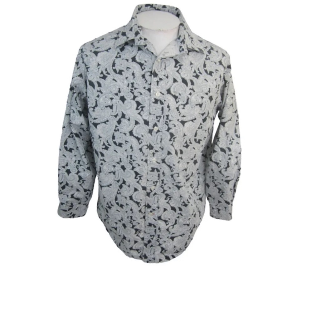 Daniel Cremieux Men dress shirt paisley Large pit to pit 25 black white slimming